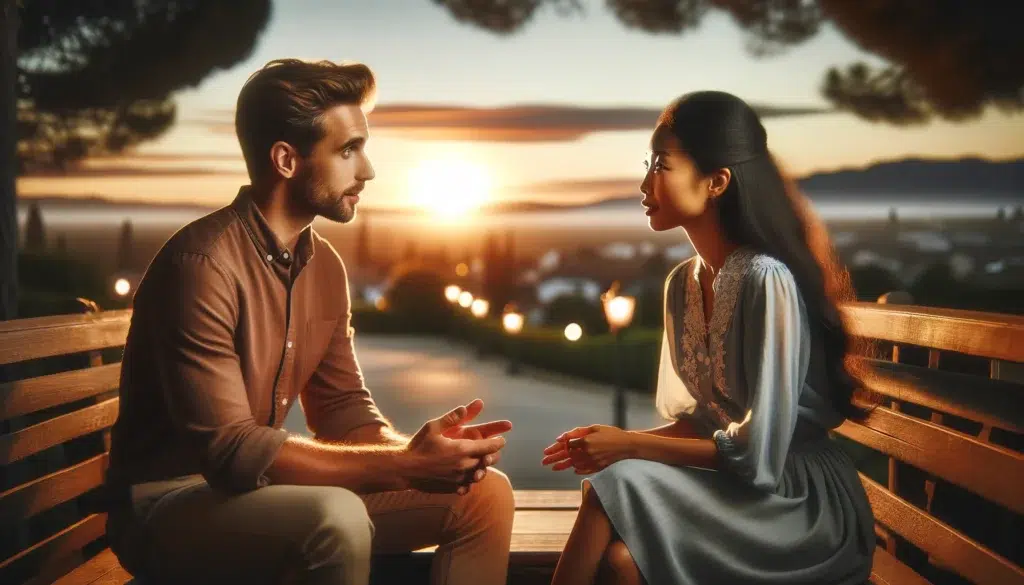 A romantic landscape scene featuring a mixed-race couple, a man and a woman, engaged in conversation during a sunset. The setting is calm and beautifu